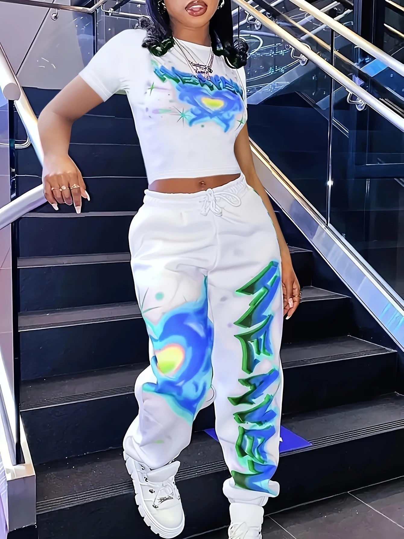 Spring Printed Fashionable Short Sleeve Two Piece Pants Set for Women 6