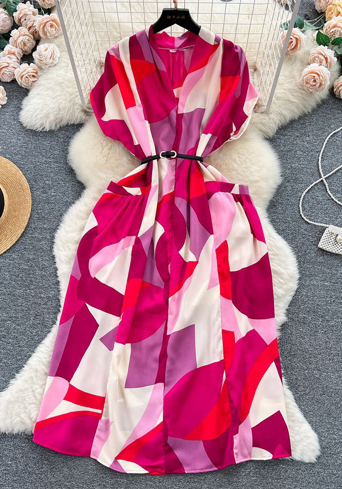 V-Neck Printed Summer Belt Slim Waist Loose Shirt Dress