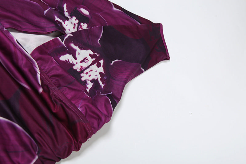 Summer Women's Sexy Slash-Shoulder Flower Print Holoow Fake Two-Piece Bodycon Mini Dress 9