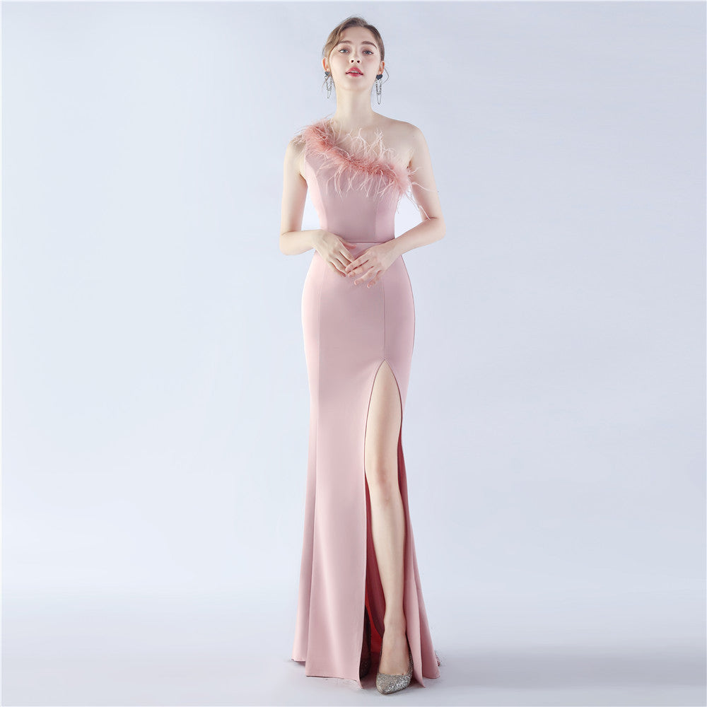Women Ostrich Feather Slash Shoulder One Shoulder Evening Dress 9