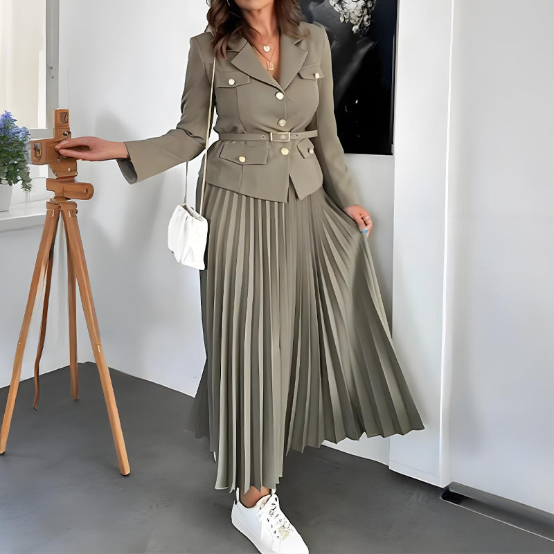 Women Button Blazer and Pleated Skirt Two Piece Set 5