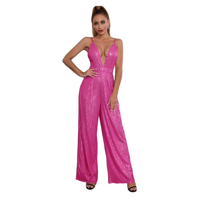 Deep V Neck Low Back Sleeveless Chic Sequined Straps Elegant Women's Party Jumpsuit 28