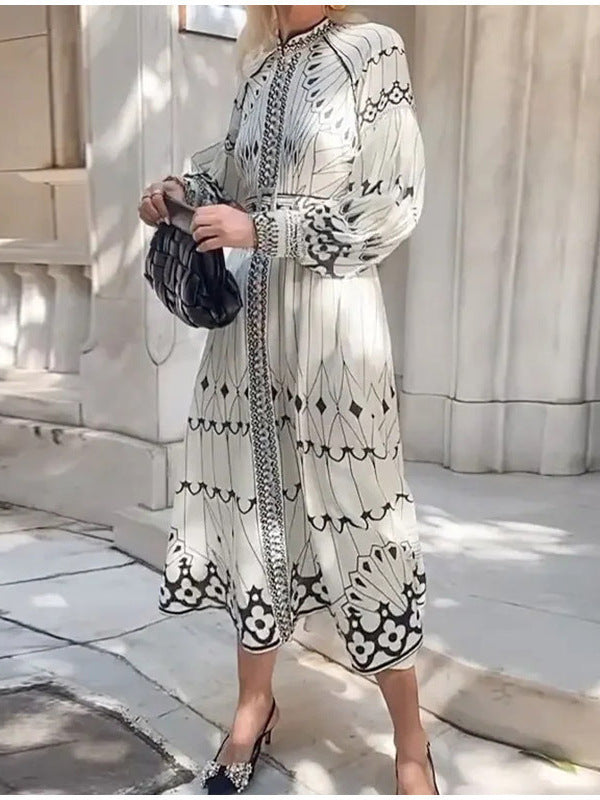 Spring Women's Elegant Long Sleeve Printed Long Dress