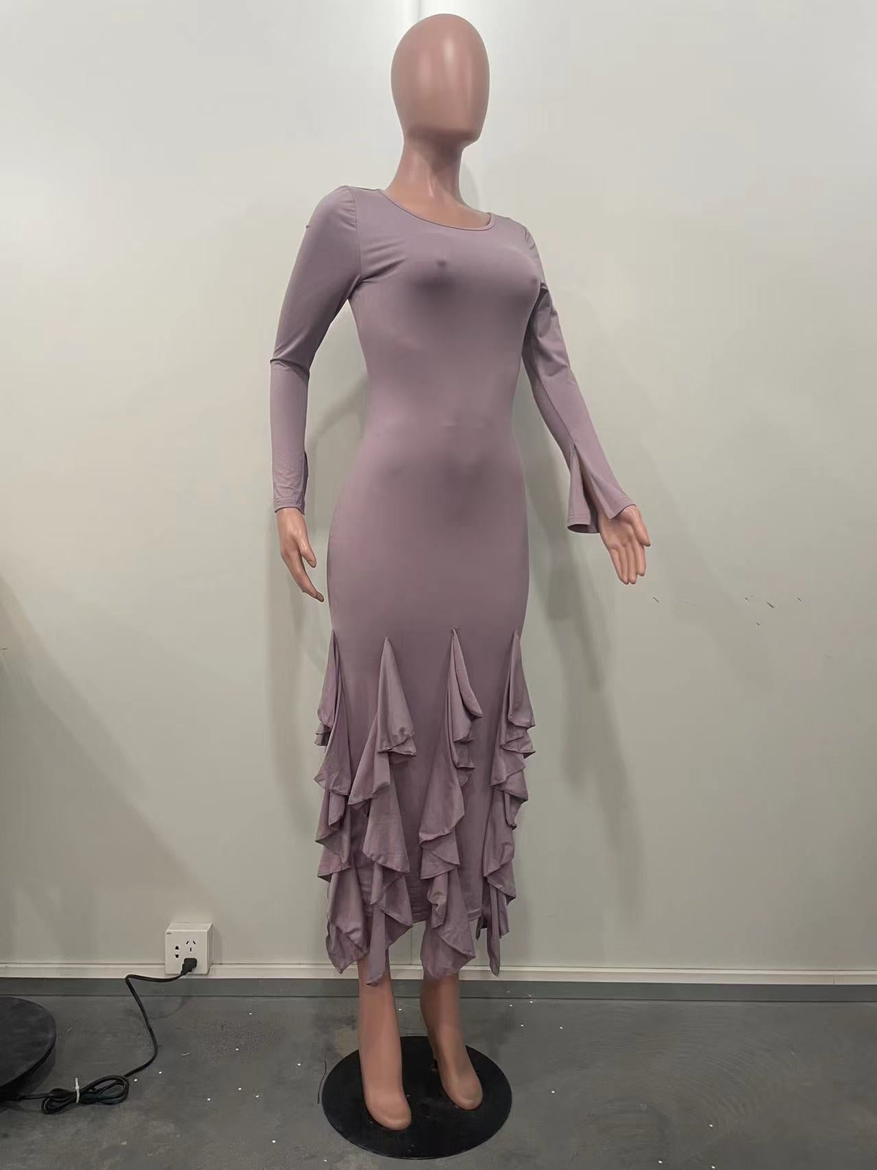 Autumn And Winter Solid Color Multi-Layered Ruffled Long-Sleeved Women's Long Dress 8