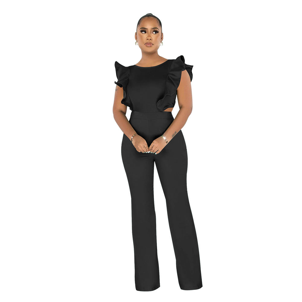 Women Summer Ruffle Round Neck Solid Jumpsuit 12