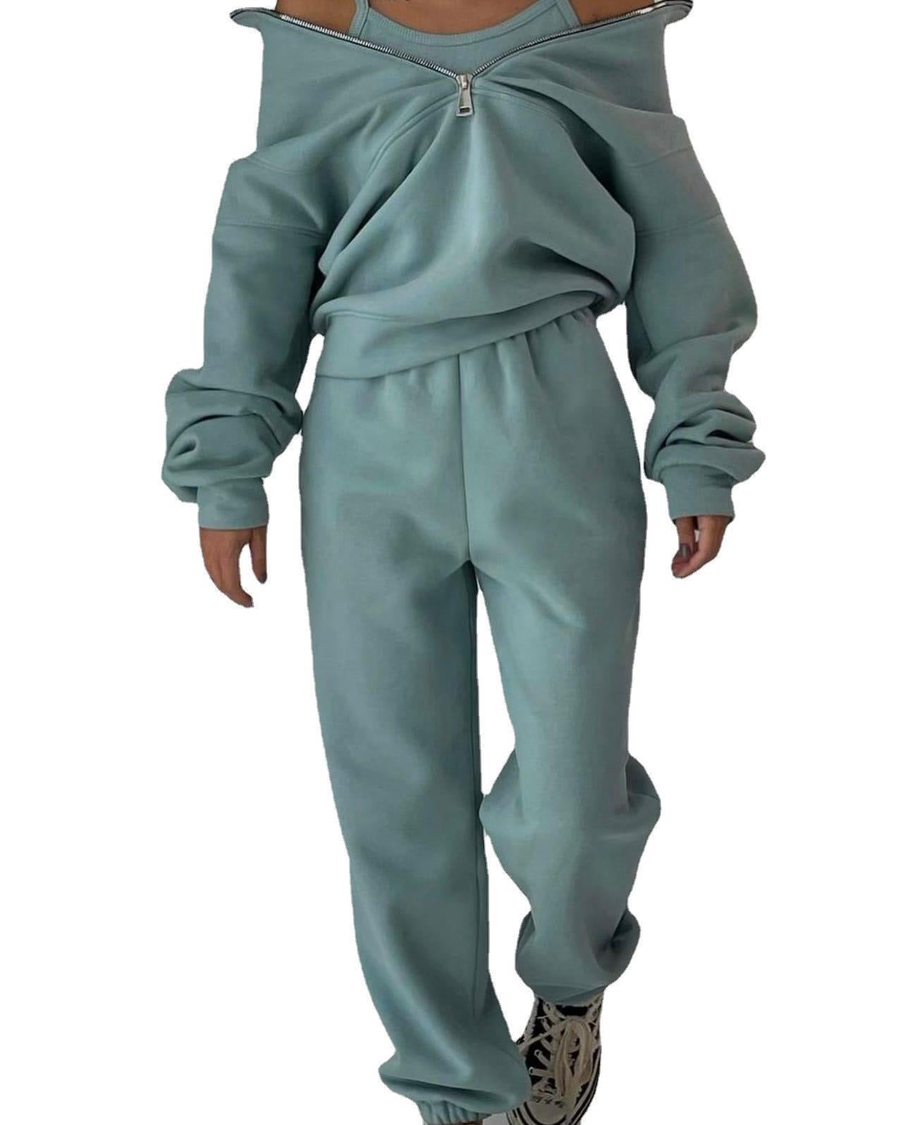 Fall Winter Fashion Solid Fleece Zip Hoodies Sports Casual Women's Suit 8