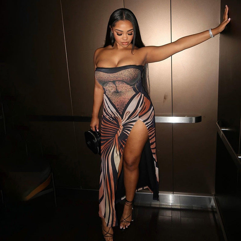 Women sexy Strapless Backless Print Maxi Dress
