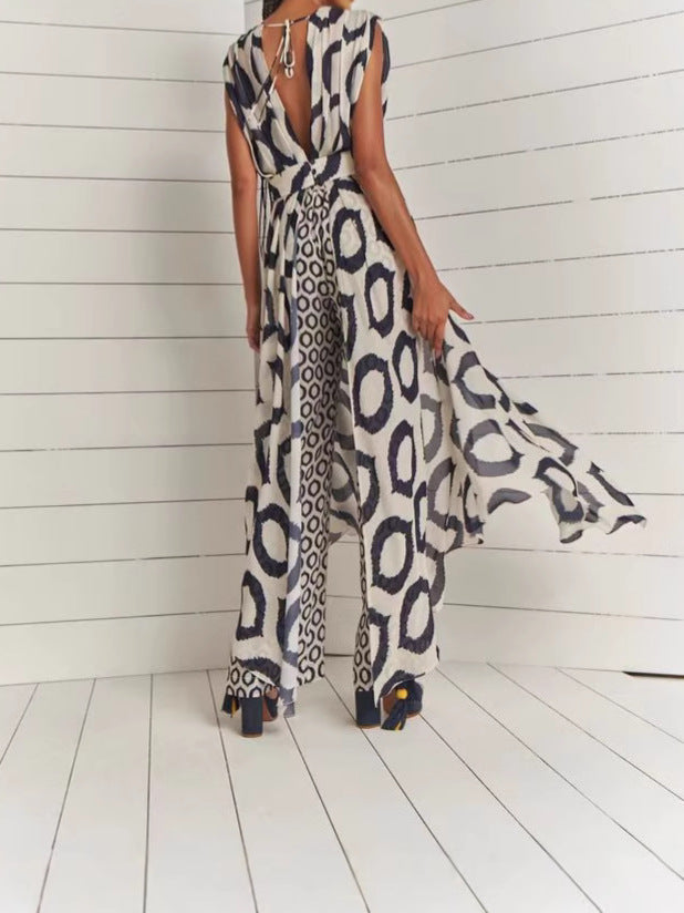 Women Printed Sleeveless V-Neck Lace Top + Pants Two-Piece Set 4