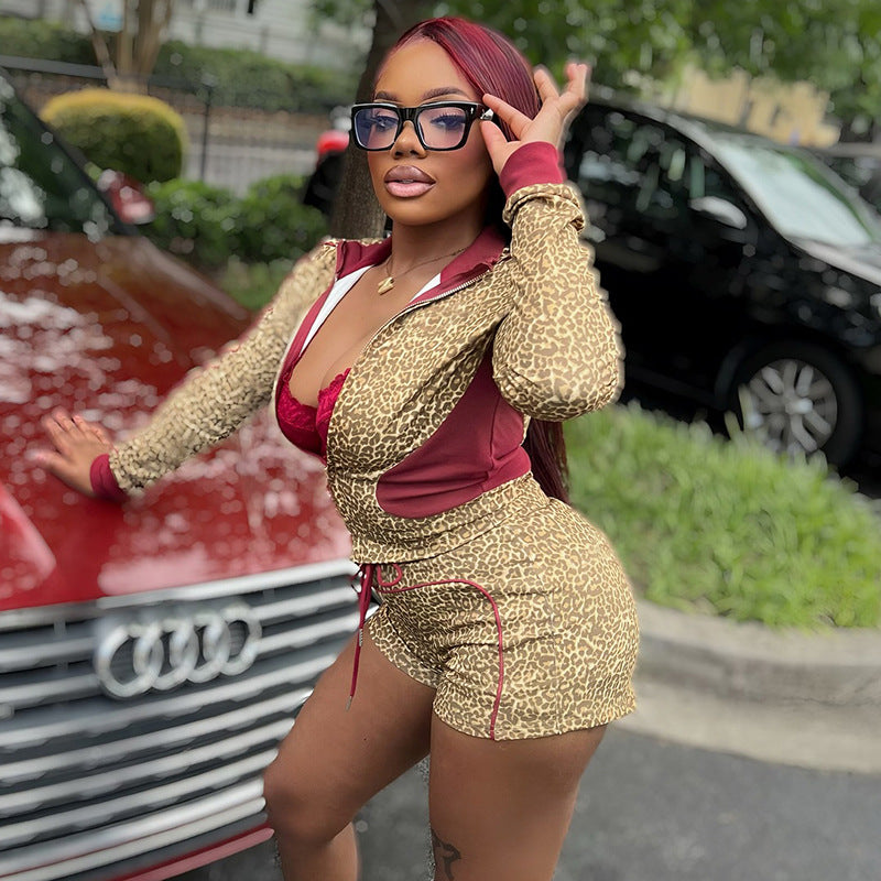 Women's Leopard Print Color Block Long Sleeve Zipper Coat Drawstring Shorts Two-Piece Set 4