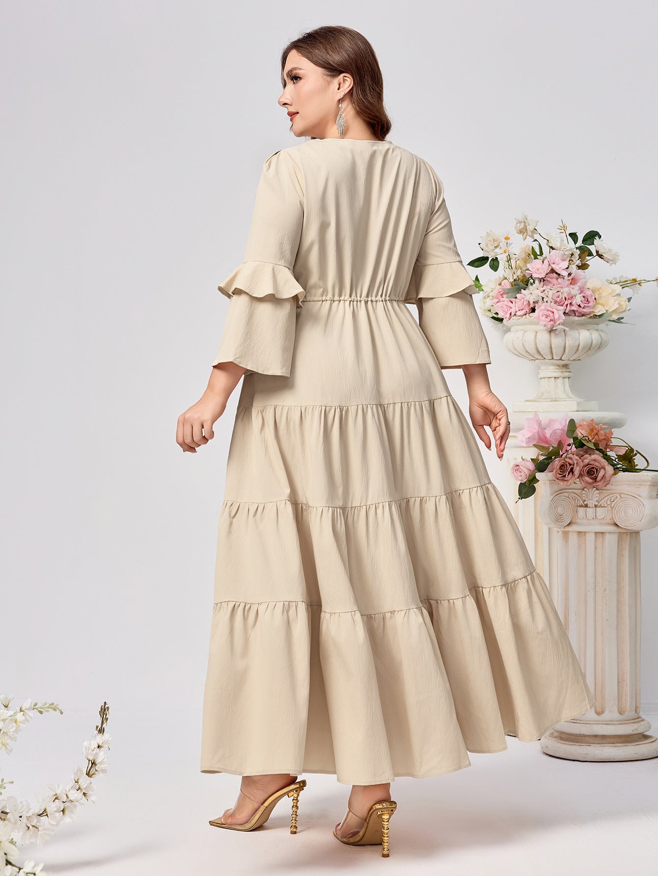 Plus Size Women V-neck Solid Dress 4