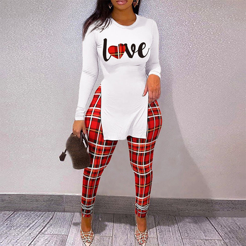 Women Letter Print Split Long Sleeve Top and PantTwo Piece Set 12