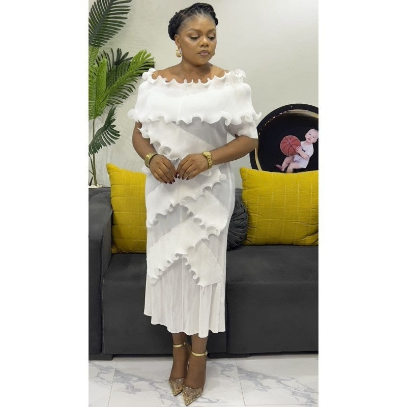 Plus Size African Women Off Shoulder Ruffle Edge Dress