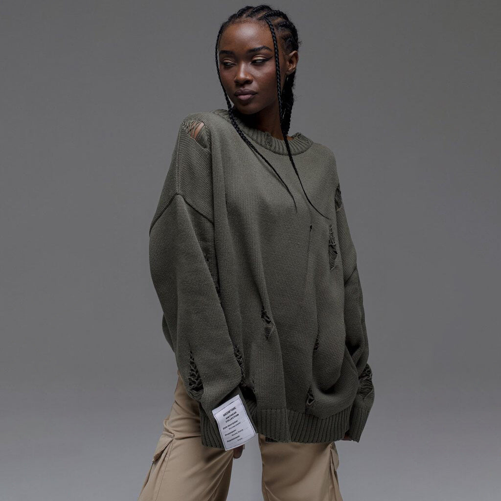 Women Casual Ripped Round Neck Loose Long Sleeve Sweater 11