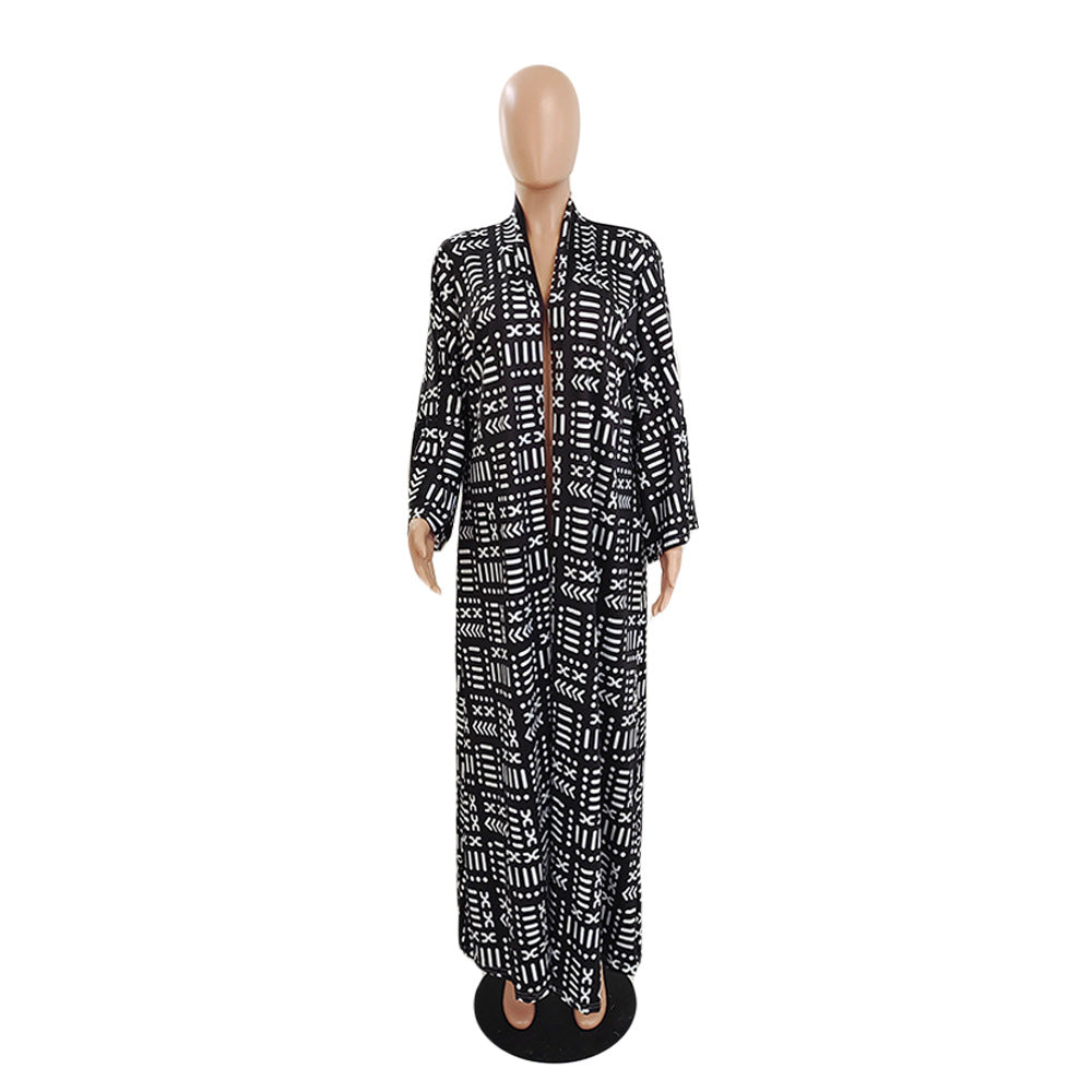 Women's Fashion Chic Plus Size Versatile Long Loose Print Cardigan Coat 32