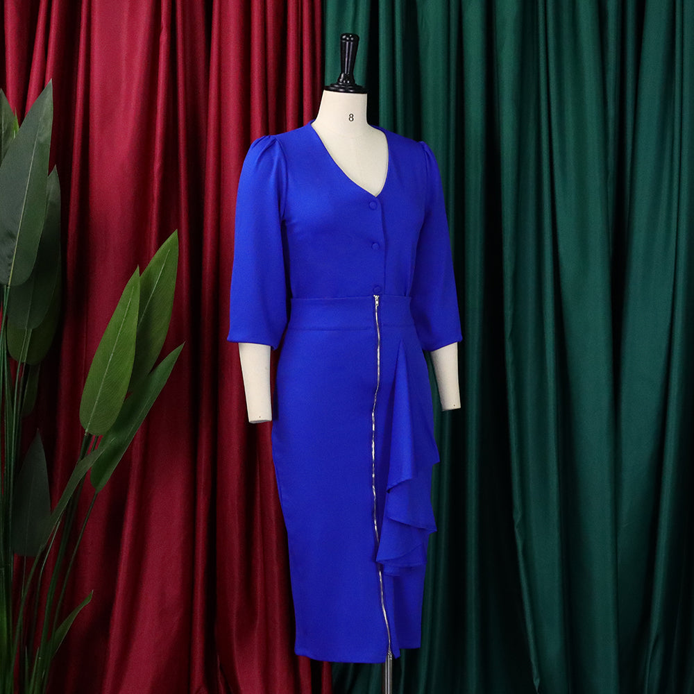 Plus Size Women'S Fall/Winter V-Neck Long Sleeve Top Bodycon Skirt Two Piece Set 11