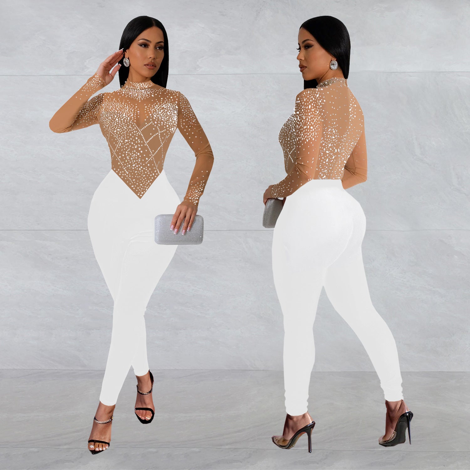 Fashionable Women's Slim Mesh Beaded Long-Sleeved Jumpsuit 3