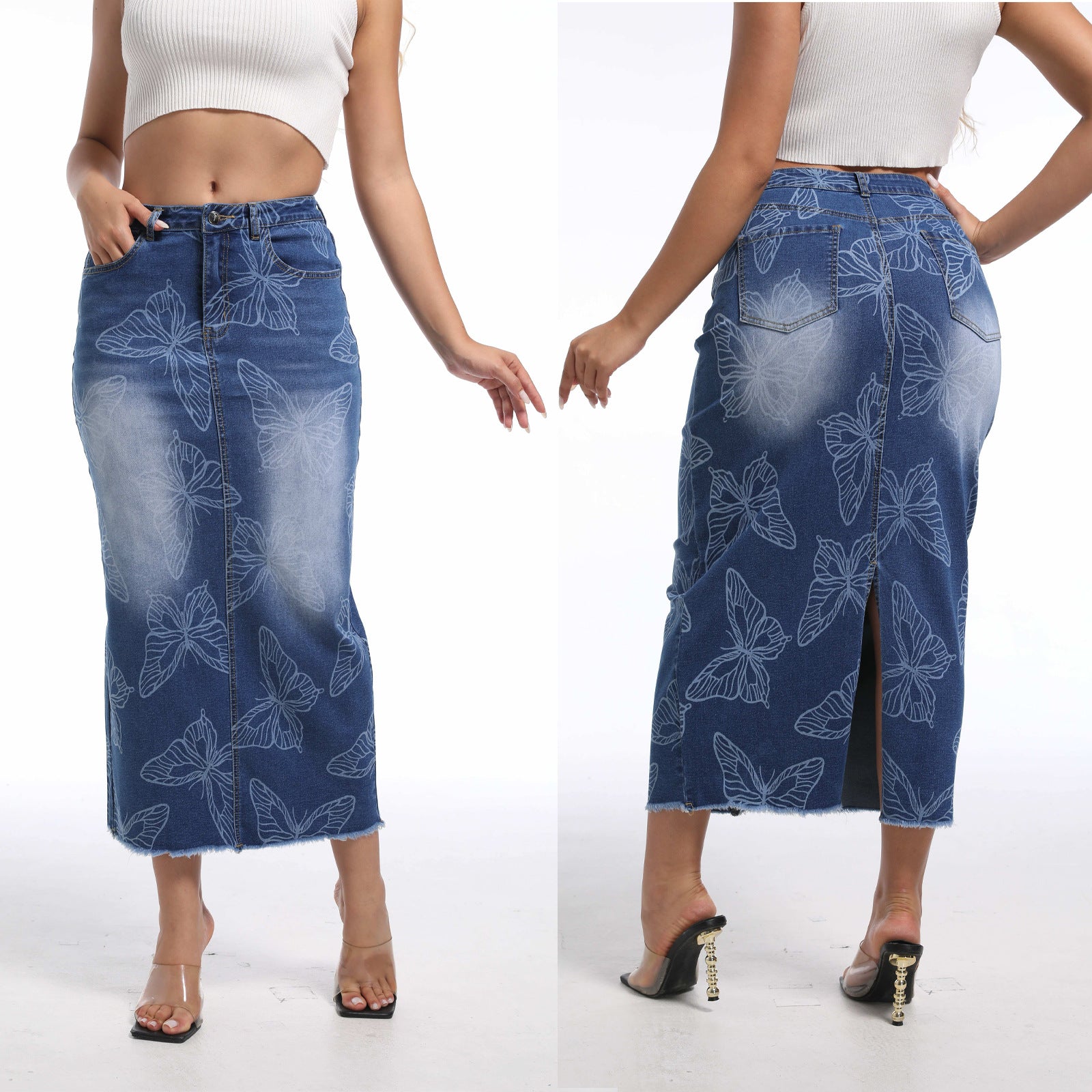 Women Printed Denim Bodycon Skirt 3