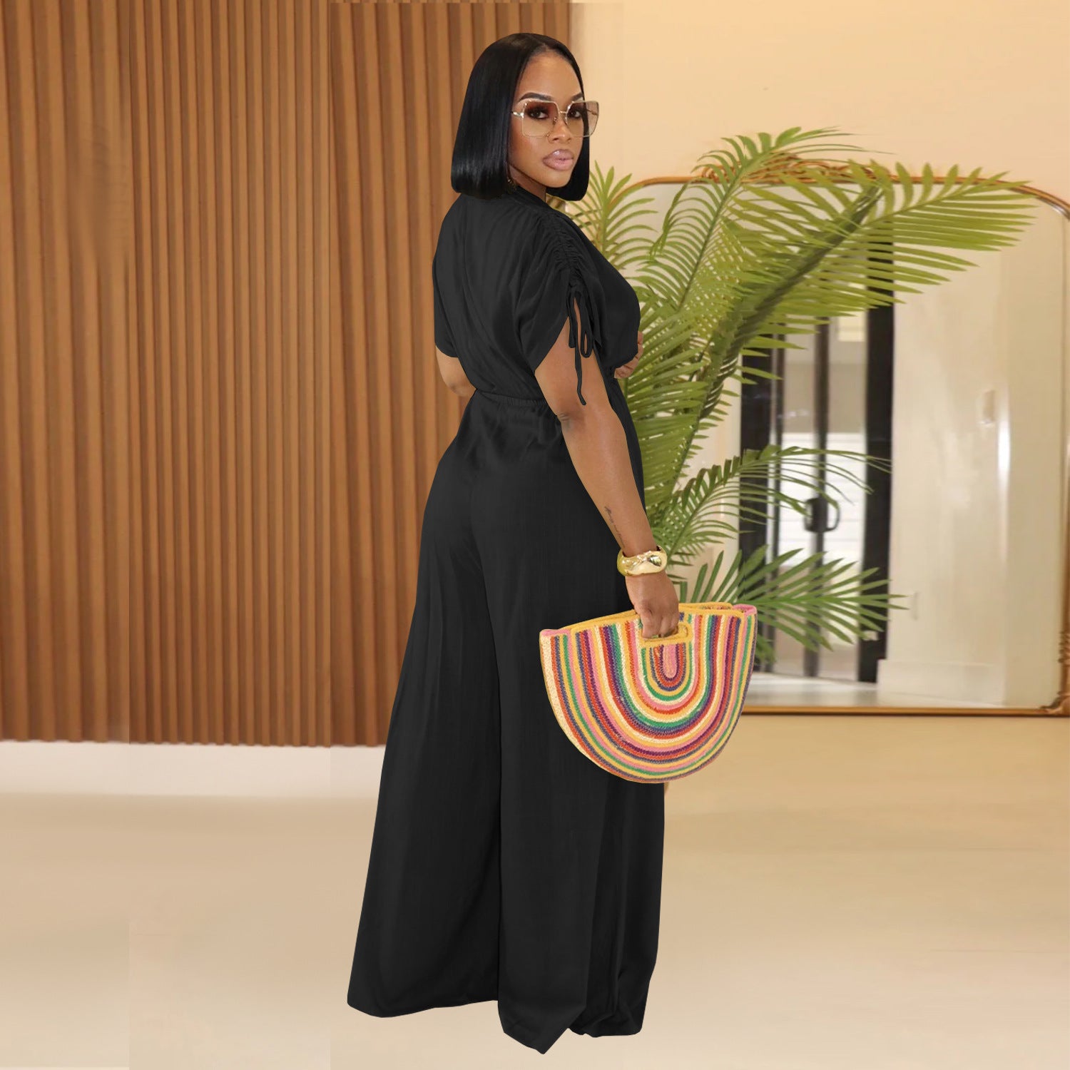 Women  Casual Solid V Neck Lace Wide Leg Jumpsuit 3