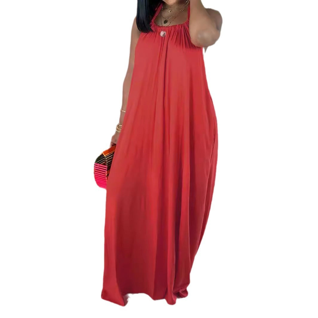 Plus Size Women Halter Neck Backless Loose Bohemian Solid Dress 6