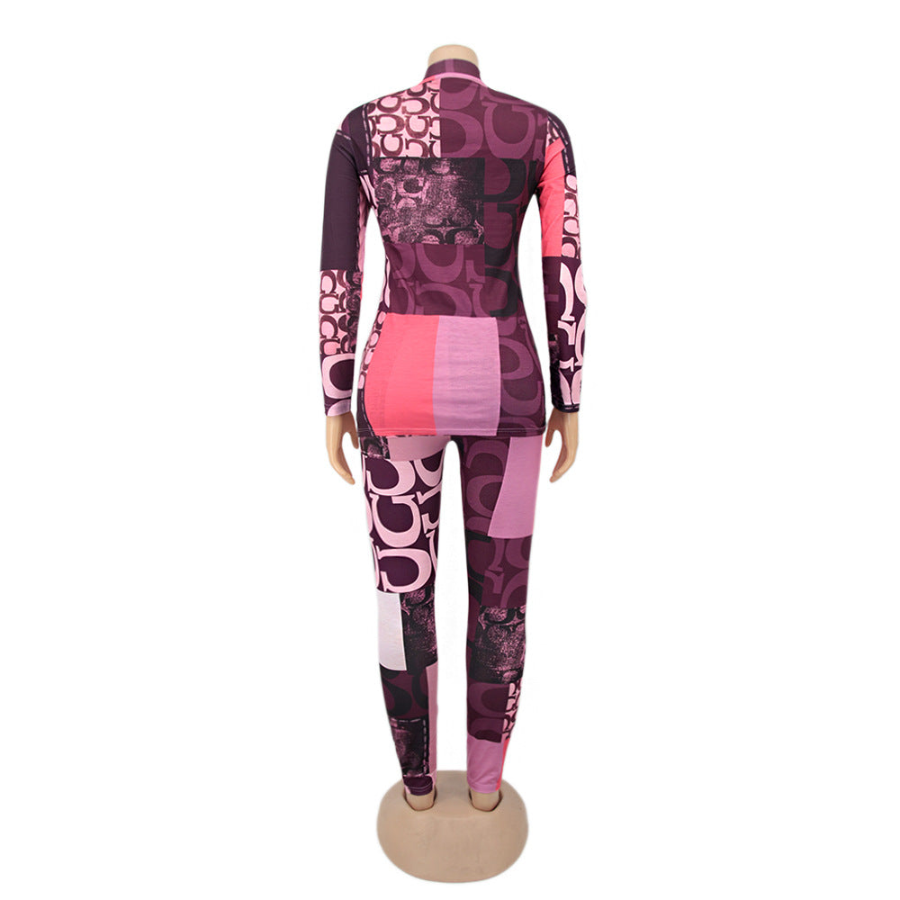 Printed Women's High Neck Long Sleeve Casual Two Piece Pants Set 7