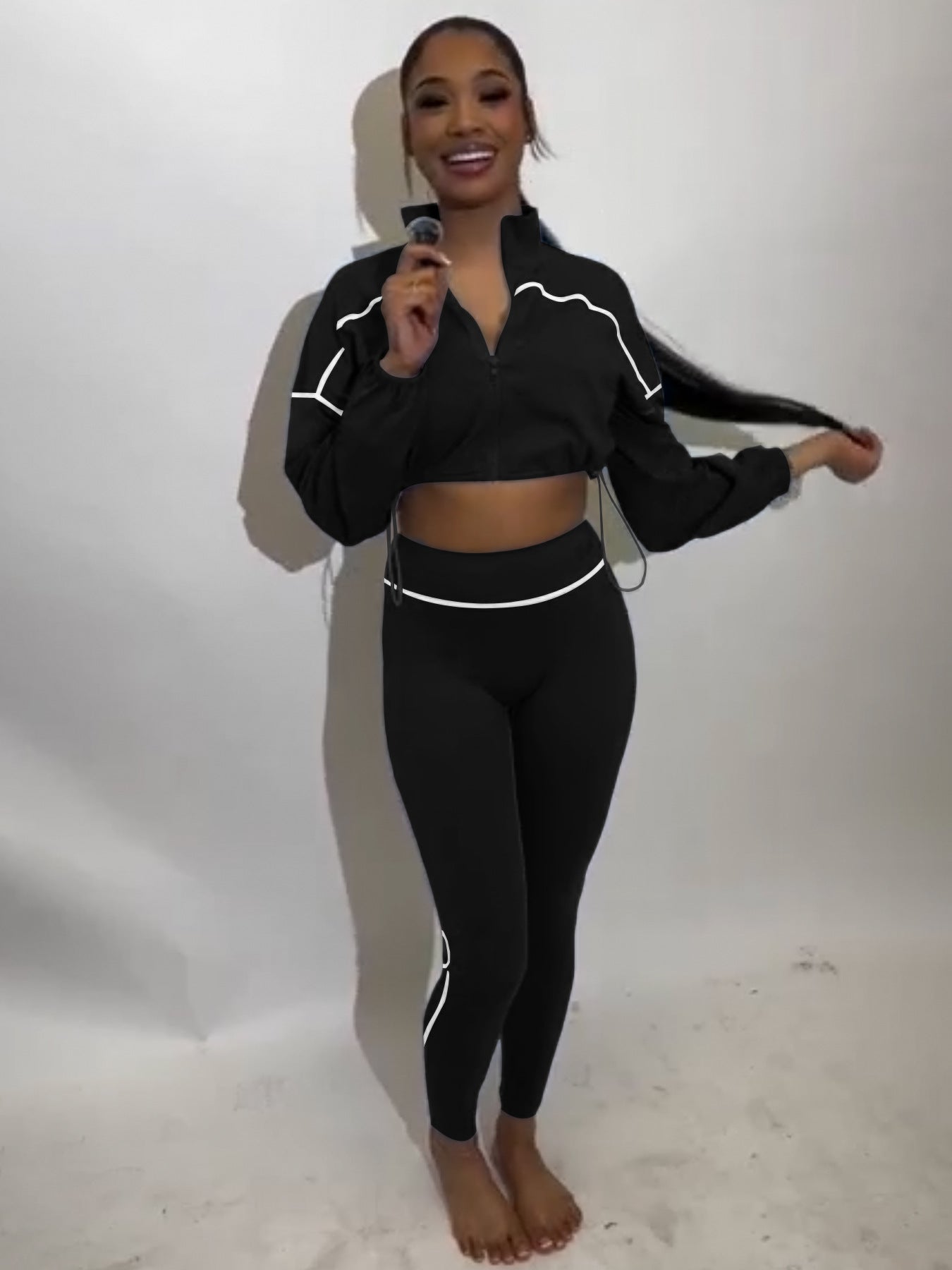 Women's Sexy Elastic Waist Long Sleeve Crop Top Slim Tight Pants Two-Piece Set 3