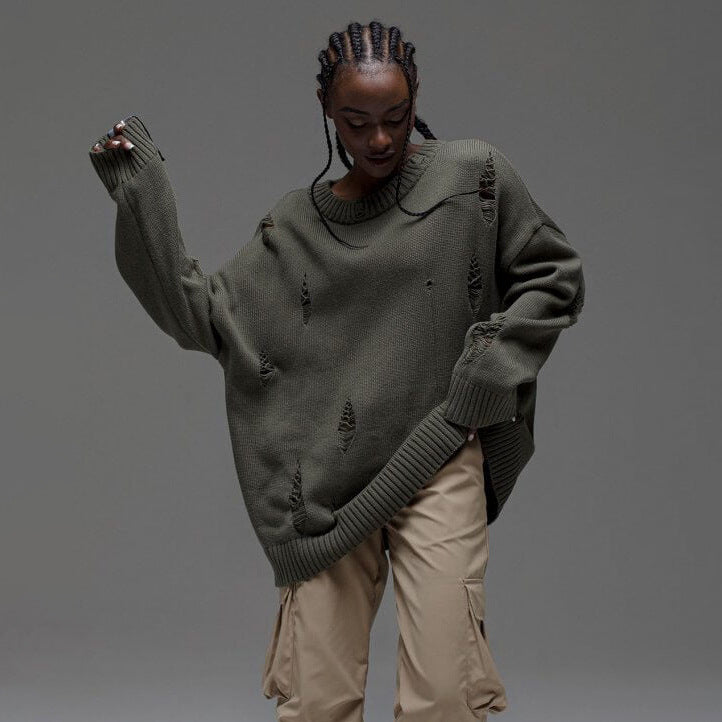 Women Casual Ripped Round Neck Loose Long Sleeve Sweater 8