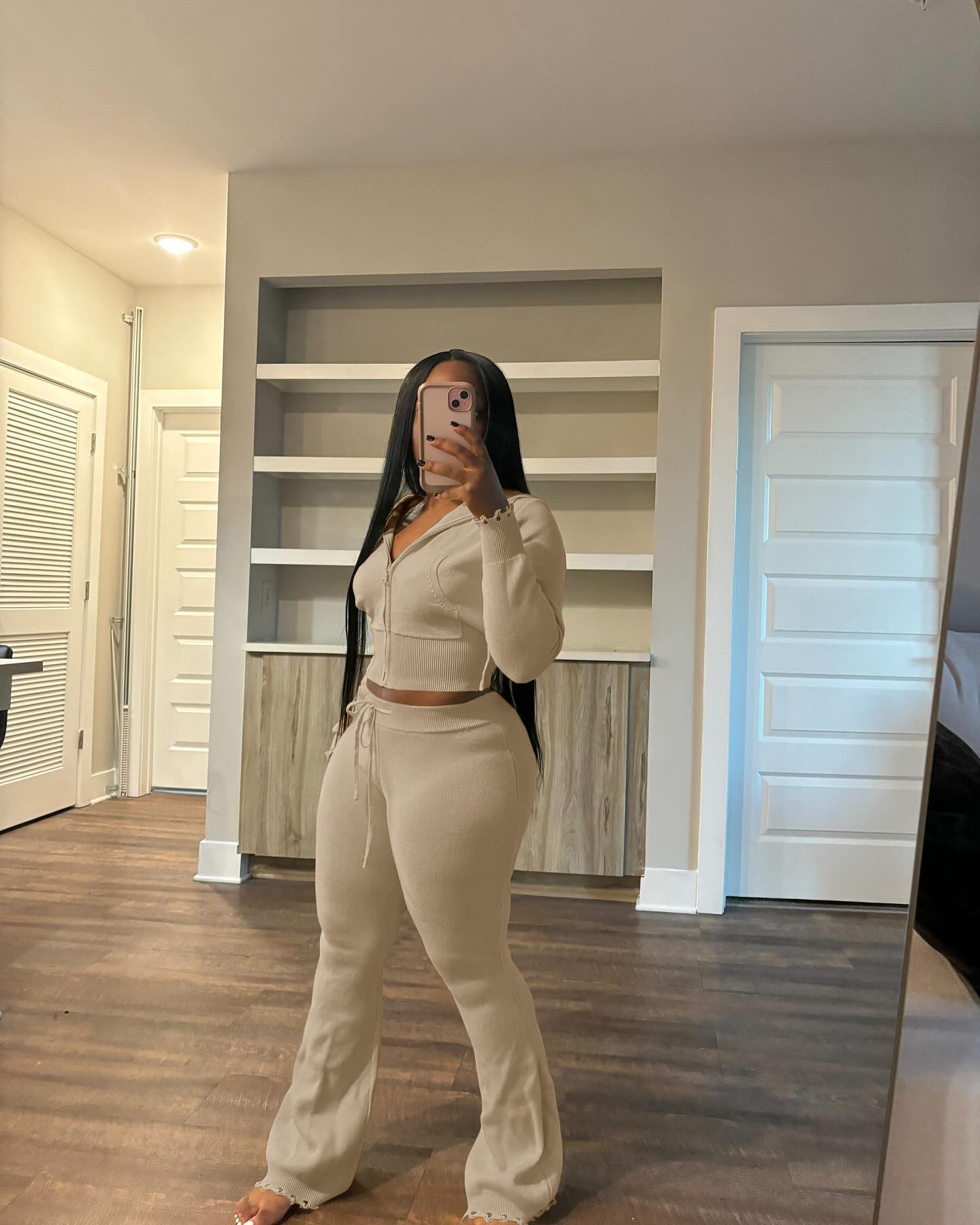 Autumn And Winter Women's Zipper Hooded Sweater Knitting Pants Fashion Casual Sports Two Piece Set 6