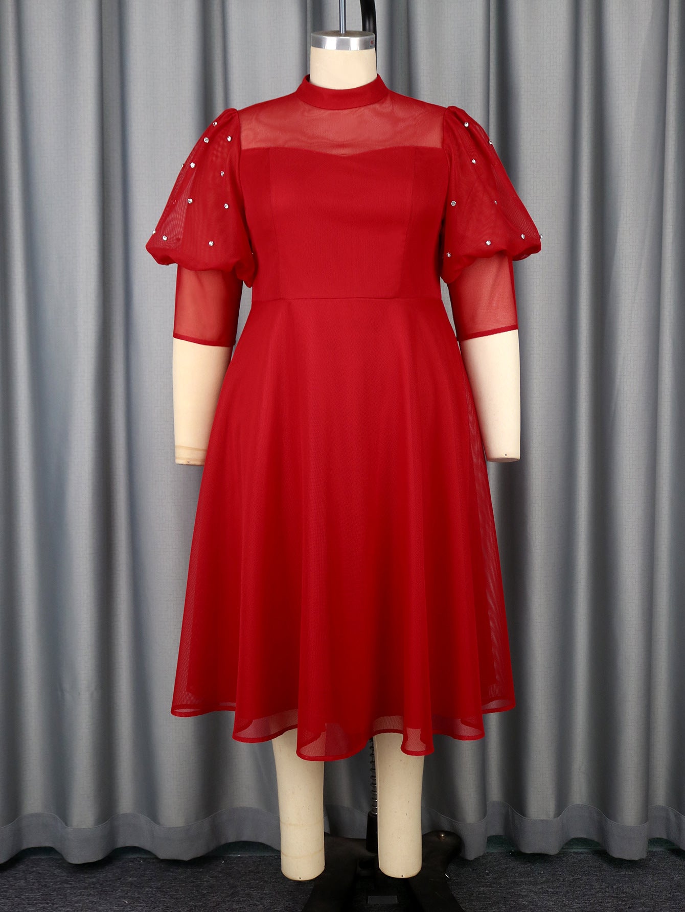 Plus Size Women Red Translucent Lantern Sleeve Half High Neck Elegant Dress 7