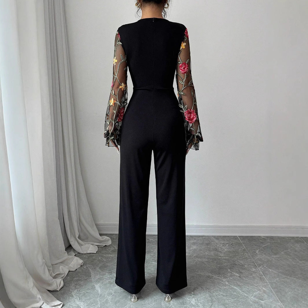 Women's Long Sleeve Embroidered Mesh Patchwork Slim Waist Jumpsuit 3