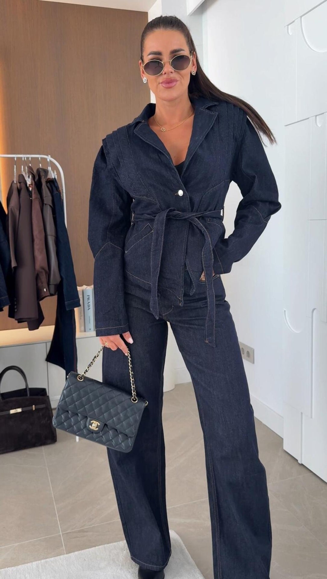 Women Turndown Collar Lace-Up Autumn Long-Sleeved Denim Jacket 7