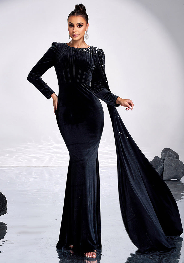 Chic Round Neck Long Sleeve Beaded Formal Party Bodycon Evening Dress Women Bridesmaid Gown