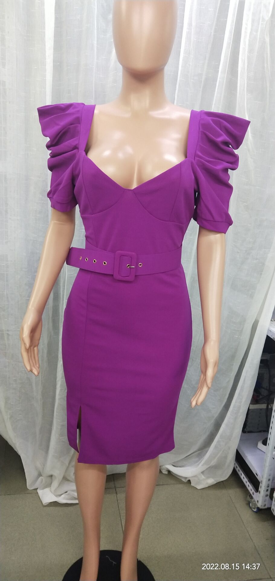 Women Sexy Bubble Sleeves Square Collar With Belt Bodycon Dress 8