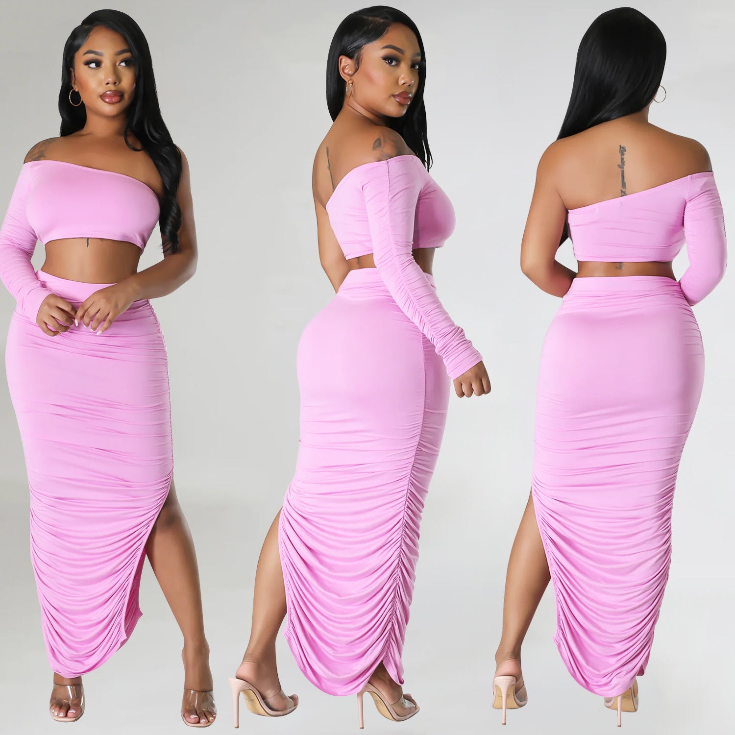 Summer One Shoulder Long Sleeve Women's Sexy Tight Fitting Ruched Irregular Two-Piece Skirt Set 8