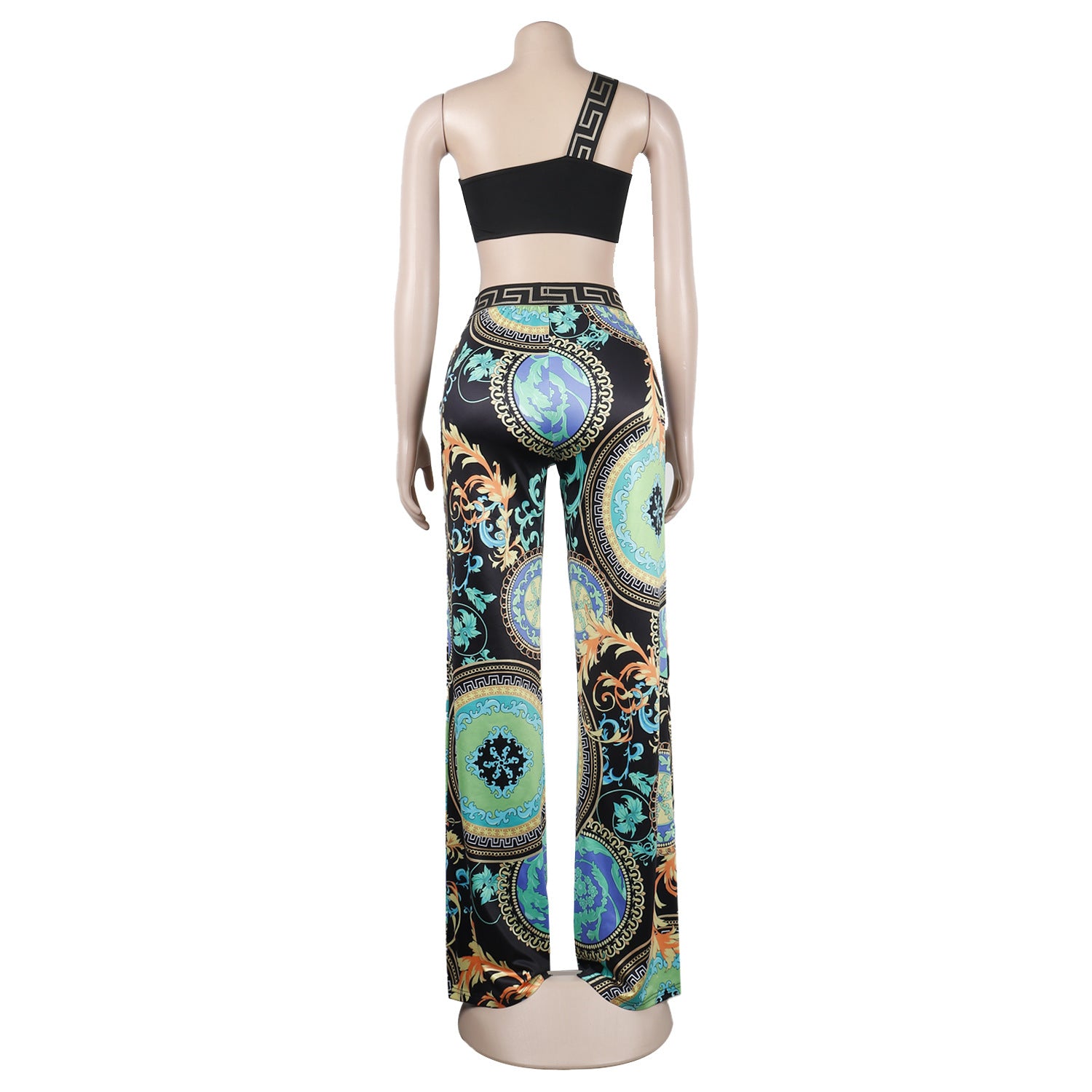 Sexy Slim Print Slash Shoulder Sleeveless Crop Top Pants Two-Piece Nightclub Suit 12