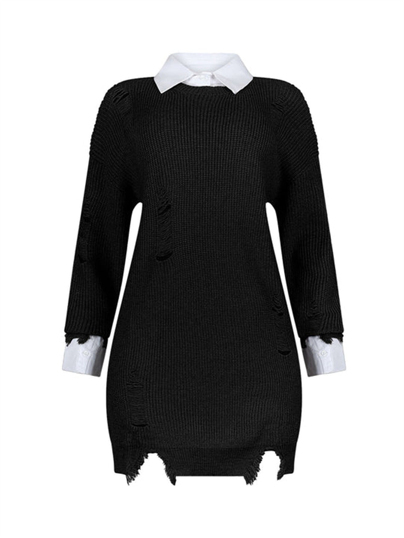 Ripped Casual Loose Solid Color Fashion Turndown-Collar Irregular Mini Dress 13