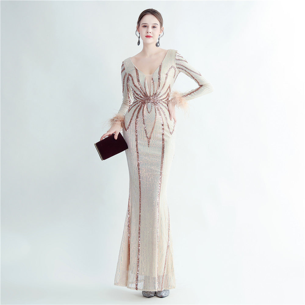 Women sequined ostrich fur long-sleeved evening dress 7