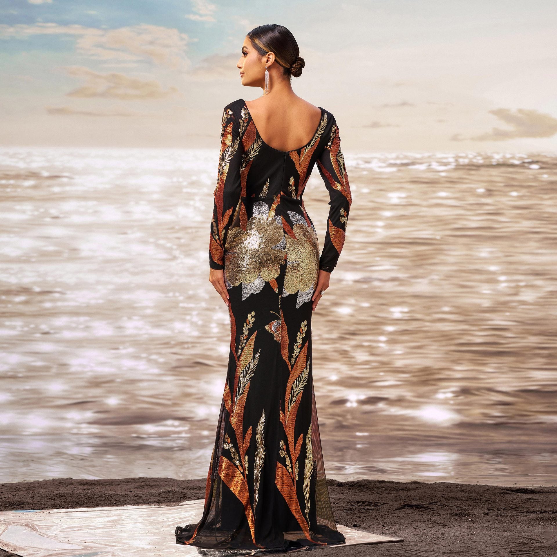 Women long sleeve v-neck Bodycon sequin Formal Party fishtail evening gown 4