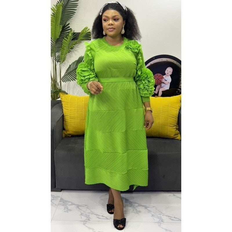 African Plus-Size Elegant Flower Pleated Long Dress