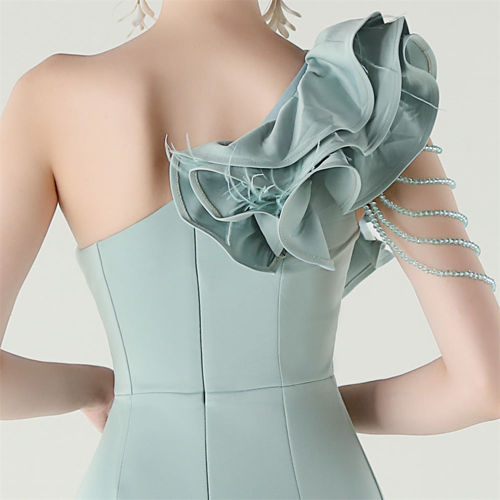 Women One-Shoulder Beaded Wool and Floral Satin Slit Sexy Evening Dress 60