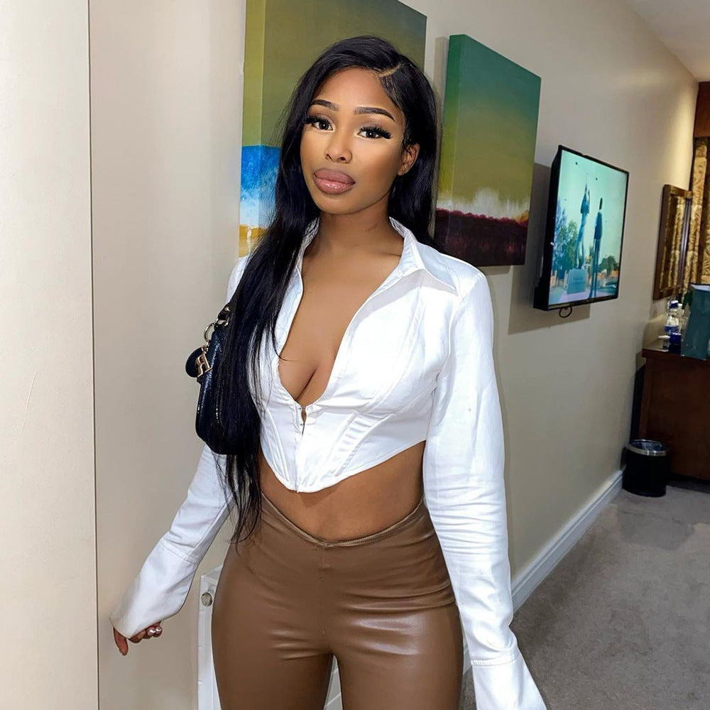 Spring Women's Sexy Long Sleeve White Shirt Women's cropped inspired design Top