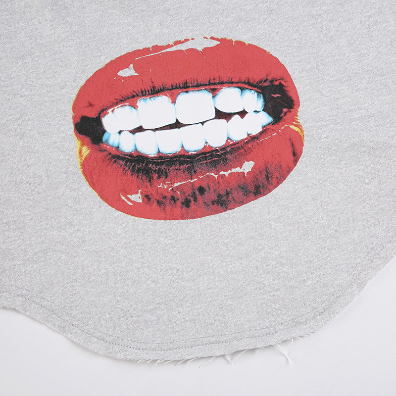 Women American Street Sports Long Sleeve Loose Big Red Lip Crop Hoodies 12