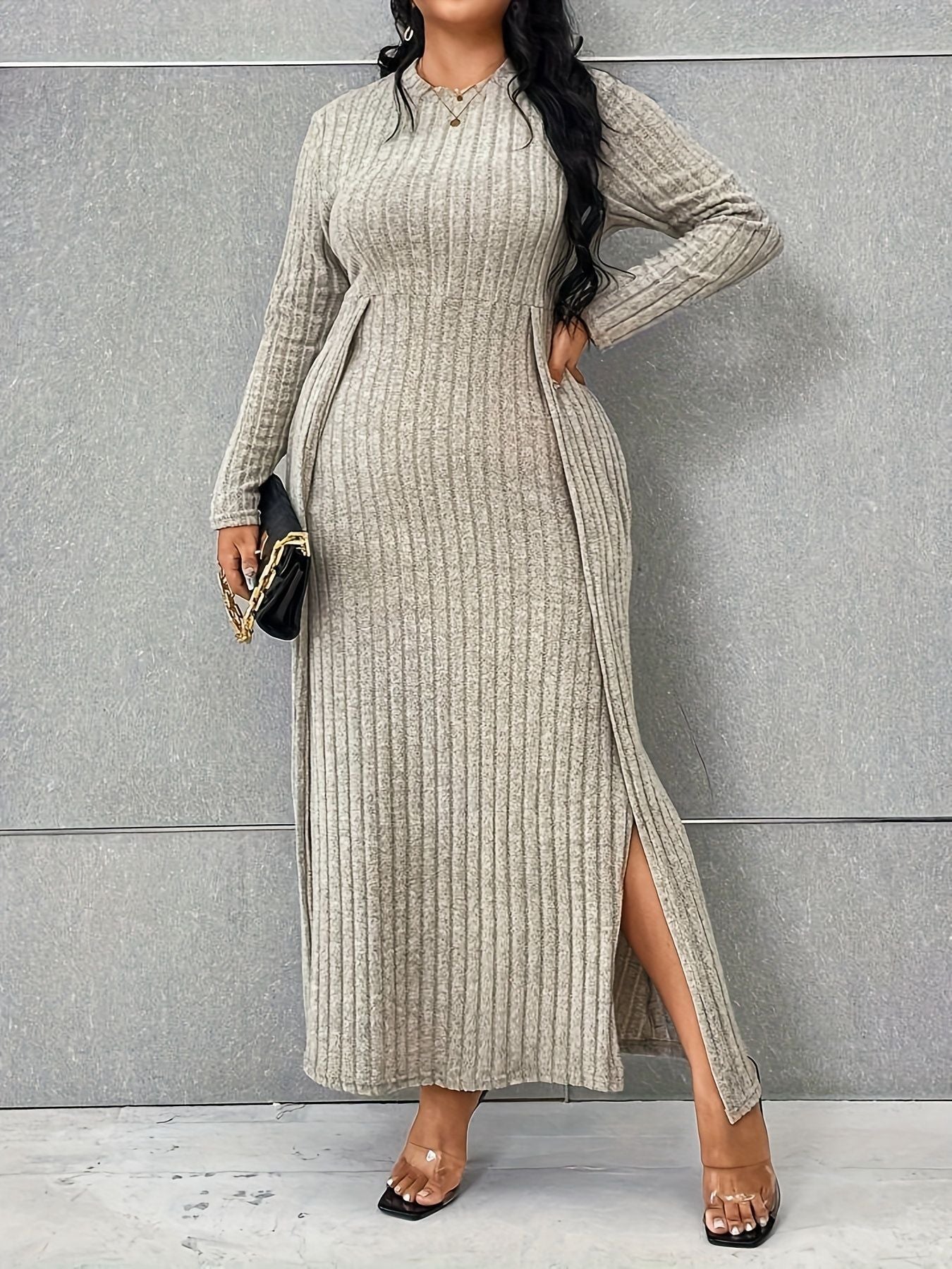 Autumn And Winter Long Sleeve Round Neck Slit Knitting Solid Color Plus Size Dress 7