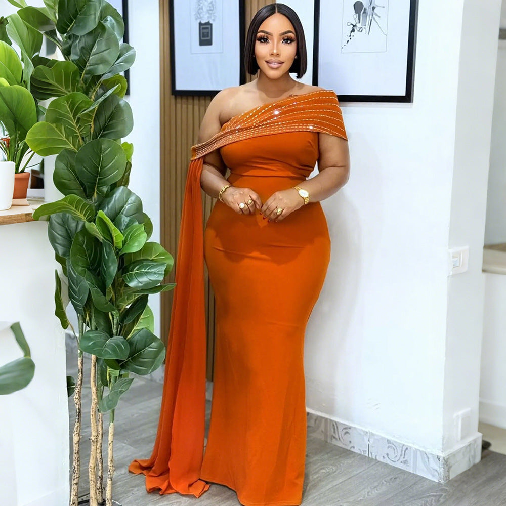 Women's Slash Shoulder Beaded Sexy Slim Fit Long Dress 4