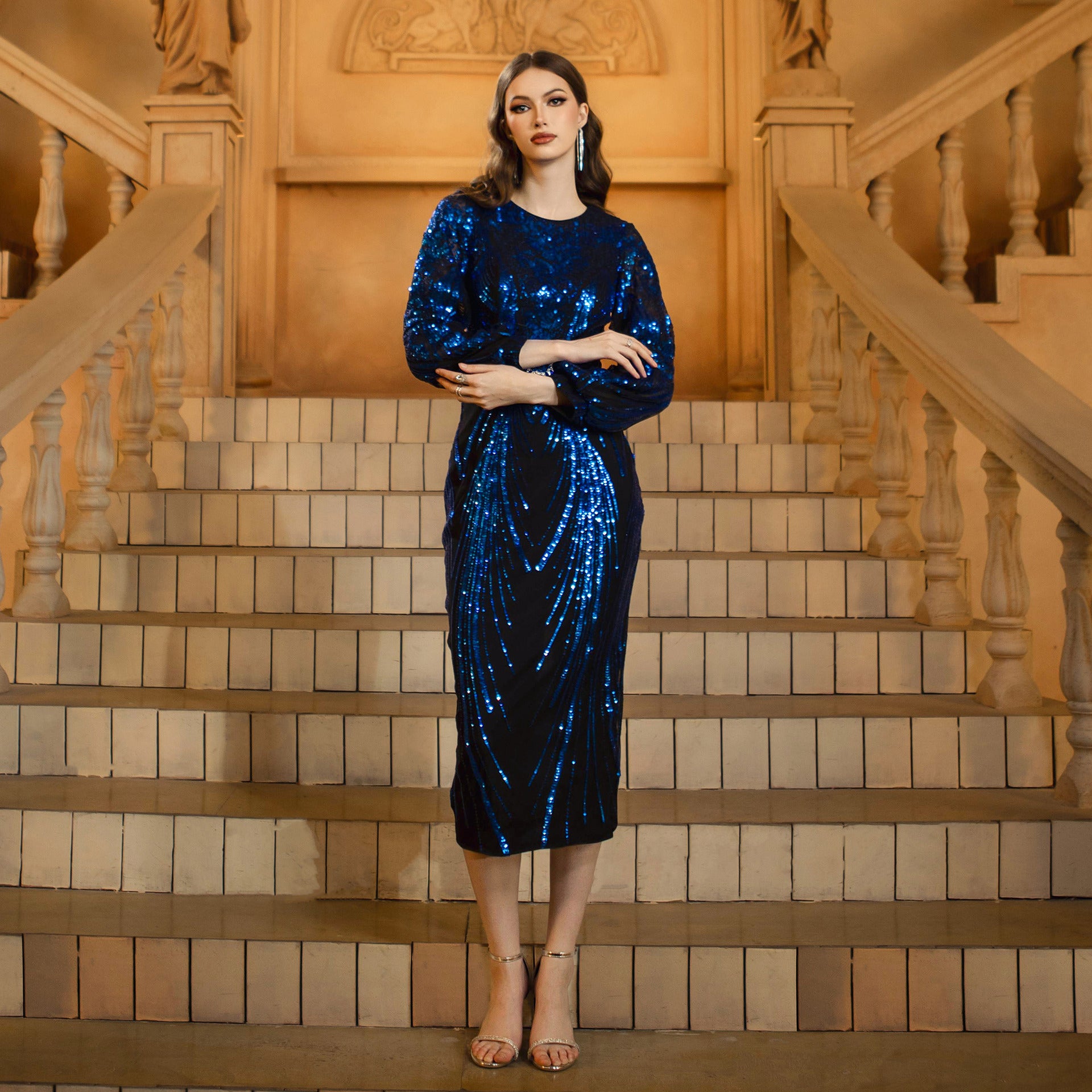 Women long-sleeved round neck sequins Formal Party Maxi evening dress 7