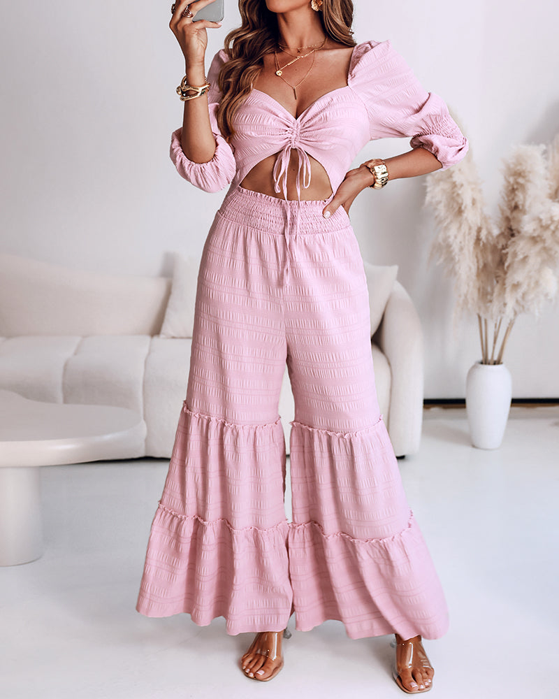 Women Square Neck Drawstring Puff Sleeve Wide Leg Jumpsuit