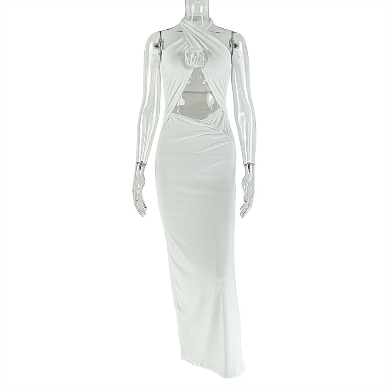 Women's Hollow-Out Fashion Slit Pleated Low Back Cross Halter Neck Solid Long Dress 8