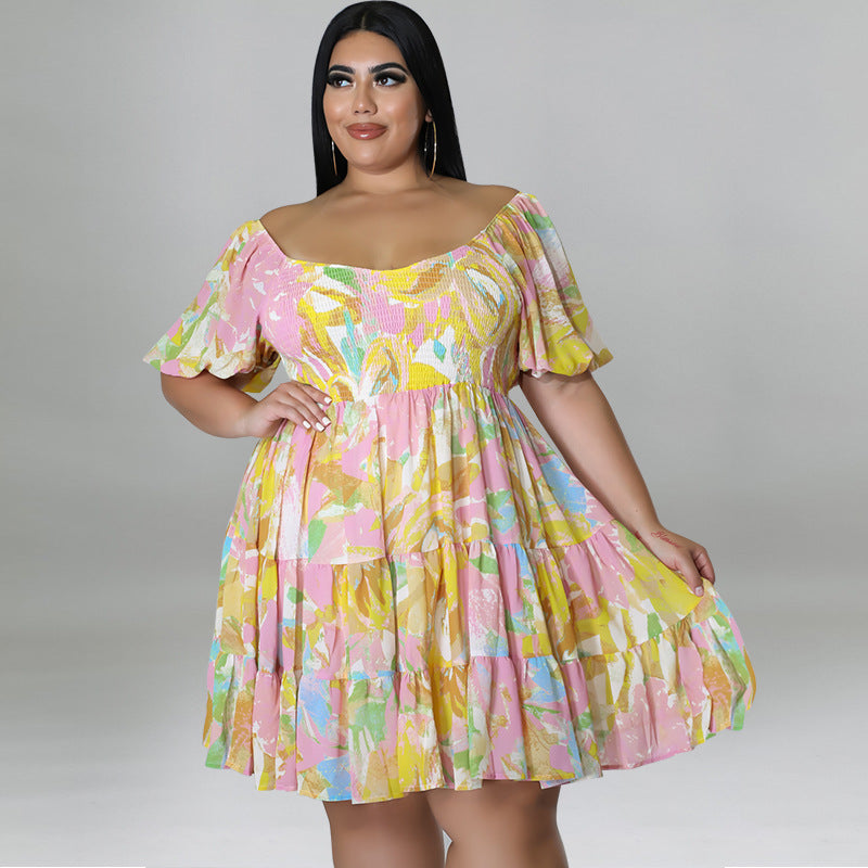 Plus Size Women's Summer Sexy Off Shoulder Print Loose Casual Dress