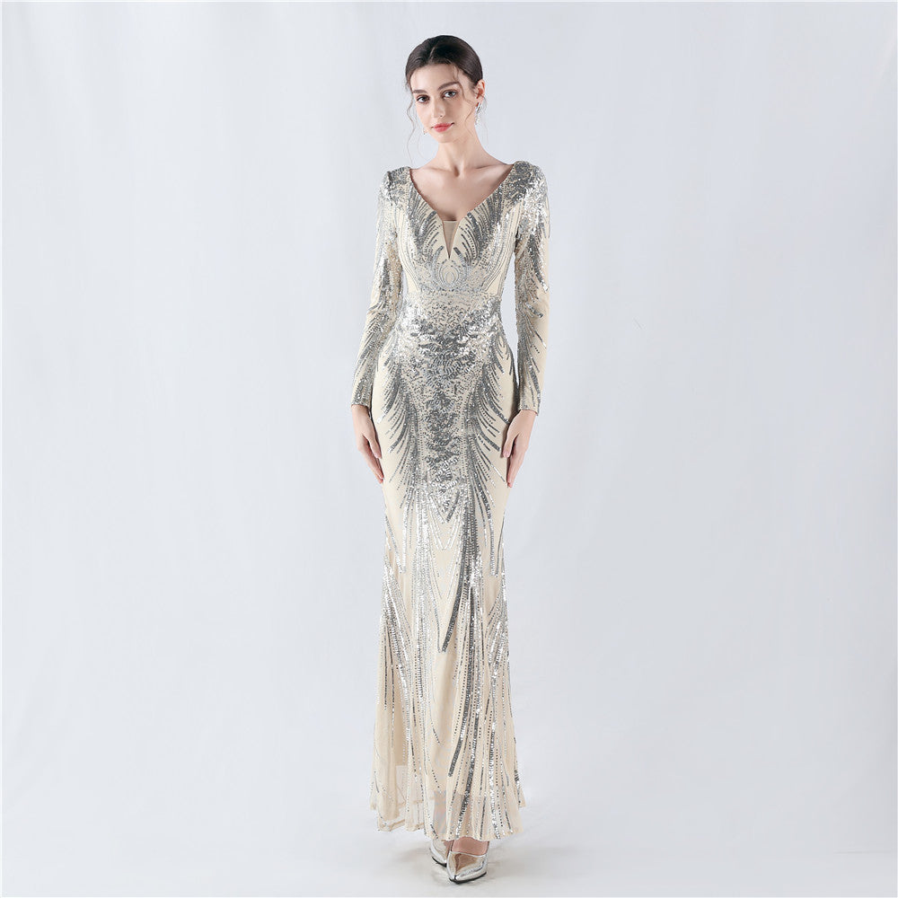 V-Neck Long Sleeve Sequins Plus Size Formal Party Evening Dress 3