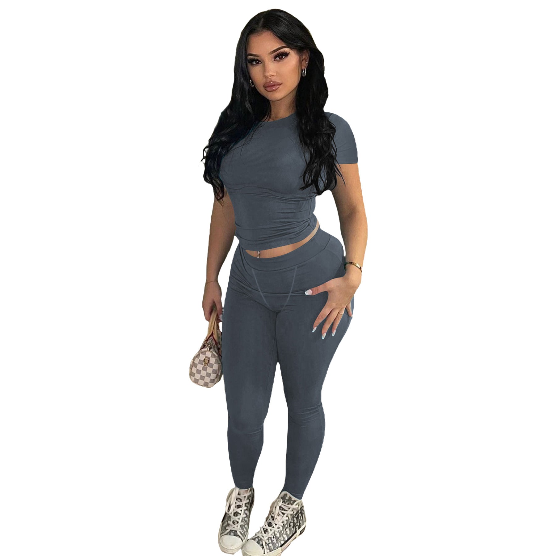 Women Sexy Solid Short Sleeve Top and Pant Two-piece Set 19