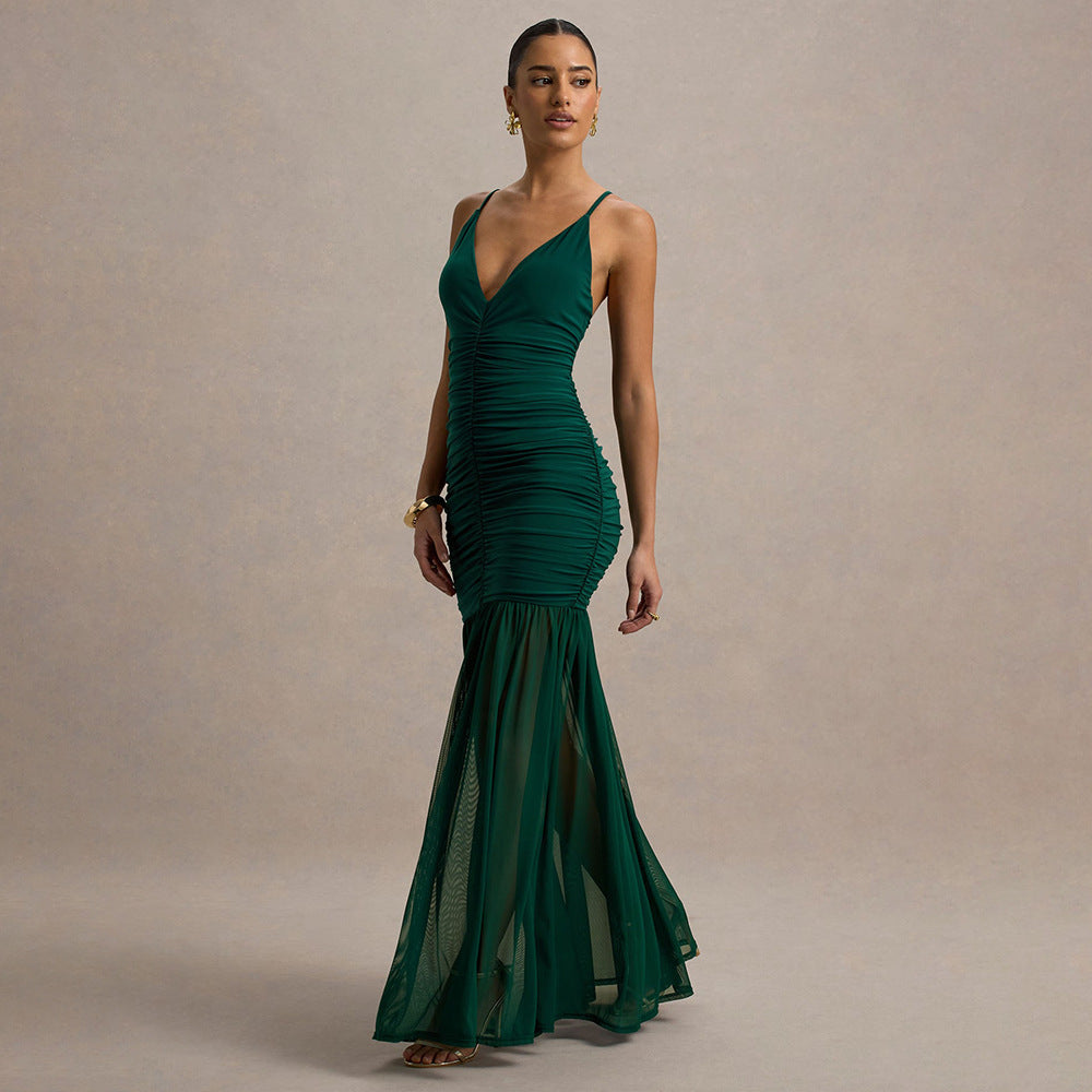 Women Sexy and Elegant Ruffled See-Through Solid Backless V-Neck Strap Dress 9